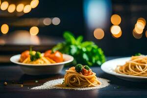 spaghetti and tomato sauce on a table. AI-Generated photo