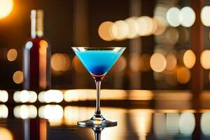 blue cocktail in a martini glass on a table. AI-Generated photo