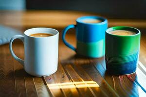 dos café tazas sentar en un de madera mesa. generado por ai foto