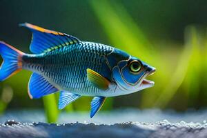 un pescado con azul y amarillo aletas es en pie en el agua. generado por ai foto