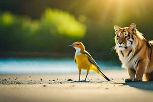 a tiger and a bird on the beach. AI-Generated photo