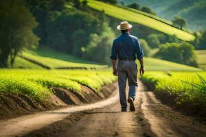 un hombre caminando abajo un suciedad la carretera en un campo. generado por ai foto