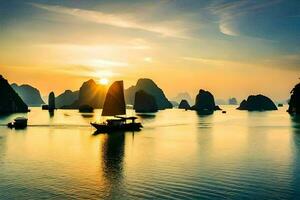 the sun sets over the water in halong bay, vietnam. AI-Generated photo