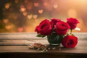 roses in a vase on a wooden table with hearts. AI-Generated photo