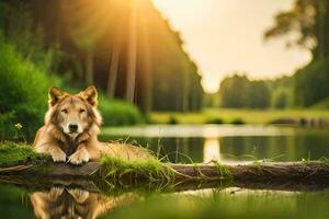 a wolf is sitting on a log near a lake. AI-Generated photo