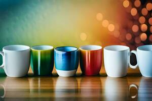 a row of colorful coffee cups lined up on a table. AI-Generated photo