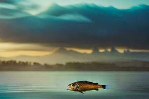 a fish is floating in the water with mountains in the background. AI-Generated photo