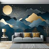 3d abstracción moderno pared Arte noche paisaje con oscuro azul y dorado turquesa montañas negro antecedentes con Luna y dorado arboles generativo ai foto