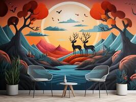 3d abstracción moderno pared Arte decoración fondo de pantalla con azul y dorado ciervo animales con puesta de sol montaña y arboles ilustración antecedentes generativo ai foto