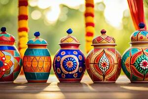 colorful pots and vases lined up on a wooden table. AI-Generated photo
