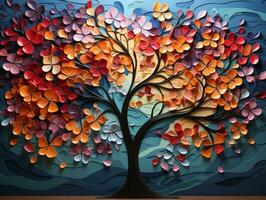 Colorful tree with vibrant leaves hanging branches illustration background 3d abstraction wallpaper for interior mural painting wall art decor generative ai photo