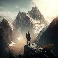 A hiker standing on a rocky ledge, looking out at a vast mountain range generative ai photo