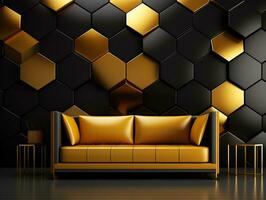 Abstract Elegant Golden and Black Seamless Hexagon Geometric Shape 3d illustration Background. Luxury Modern Interior generative ai photo