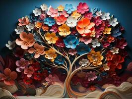 Colorful tree with leaves on hanging branches illustration background. 3d abstraction interior mural wall art decor generative ai photo