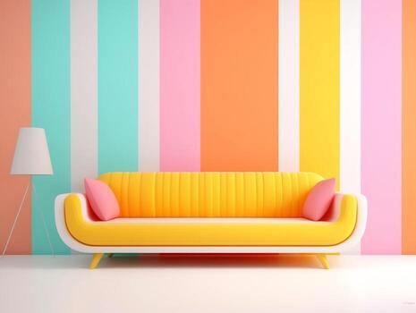 Pastel multi-color vibrant groovy retro striped background wall frame with bright sofa interior home design generative ai photo