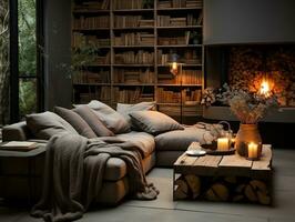 A cozy modern living room is adorned with wooden accents, including a rustic coffee table and a bookshelf filled with books and decorative items generative ai photo