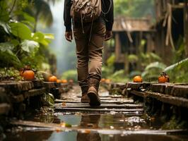 A close-up of a person's feet walking on a wooden boardwalk surrounded by lush vegetation generative ai photo