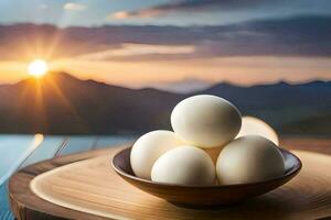 eggs in a bowl on a table with a sunset in the background. AI-Generated photo