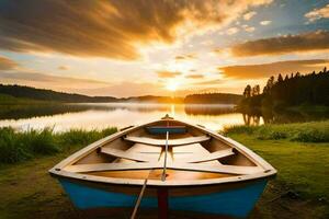 el barco es en el apuntalar de el lago a puesta de sol. generado por ai foto