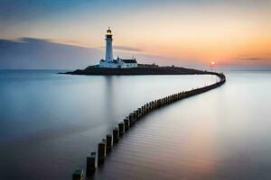 un faro es visto en el distancia a puesta de sol. generado por ai foto