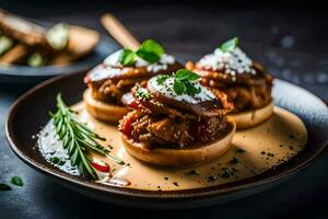 three stuffed buns with meat and sauce on a plate. AI-Generated photo