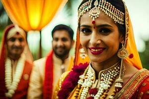 un hermosa indio novia sonriente a el cámara. generado por ai foto