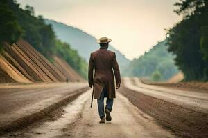 a man in a hat and coat walking down a dirt road. AI-Generated photo