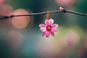 a pink flower is hanging from a branch. AI-Generated photo