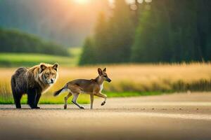 a lion and a deer walk along a road. AI-Generated photo