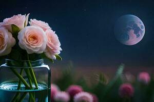 pink roses in a glass vase with the moon in the background. AI-Generated photo