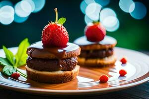 dos pequeño pasteles con fresas en cima. generado por ai foto