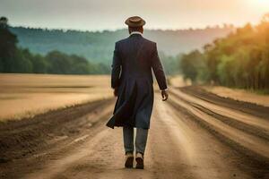 un hombre en un traje y sombrero caminando abajo un suciedad la carretera. generado por ai foto