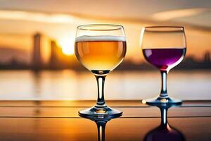 dos lentes de vino en un mesa con un puesta de sol en el antecedentes. generado por ai foto