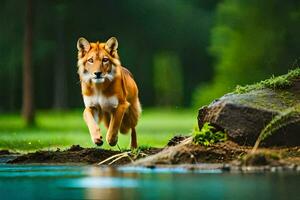 un rojo lobo corriendo a través de el césped. generado por ai foto