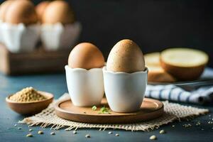 two eggs in white cups on a wooden plate. AI-Generated photo