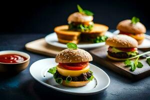 small hamburgers on white plates with ketchup and tomato. AI-Generated photo