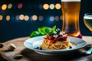 spaghetti and beer on a plate. AI-Generated photo