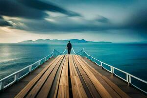 un hombre en pie en un muelle mirando fuera terminado el océano. generado por ai foto