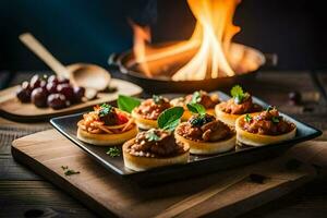 small appetizers on a plate with a fire in the background. AI-Generated photo