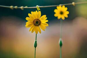 two yellow flowers hanging from a wire. AI-Generated photo