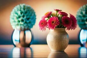 un florero con rosado flores sentado en un mesa. generado por ai foto