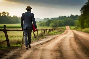 a man in a suit walks down a dirt road. AI-Generated photo