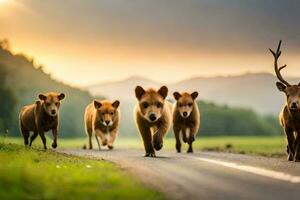 a group of deer running down a road. AI-Generated photo