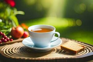 un taza de té y un rebanada de un pan en un de madera mesa. generado por ai foto