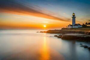 a lighthouse is seen in the sunset. AI-Generated photo