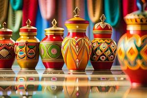 colorful vases lined up on a table. AI-Generated photo