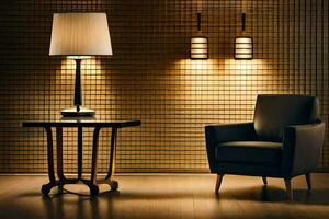 a chair and lamp in a room with a wall. AI-Generated photo