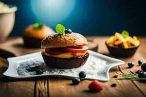 a hamburger on a plate with berries and other food. AI-Generated photo