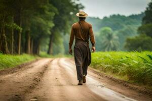 a man walking down a dirt road in the middle of a field. AI-Generated photo