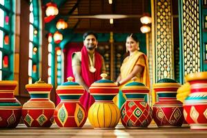 a couple in traditional indian attire standing in front of colorful pots. AI-Generated photo